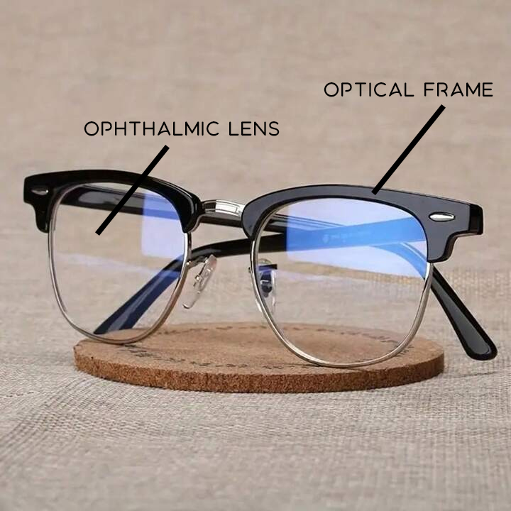 Parts of optical frame including Ophthalmic lens and the frame.